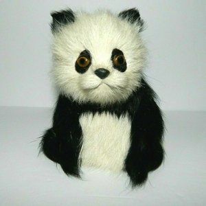 Vintage 4" Real Fur Sitting Panda Bear Figure Decor Accent
